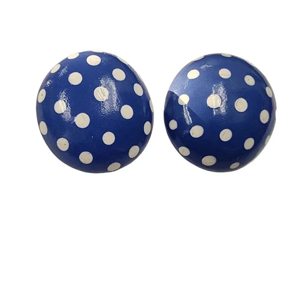 Vintage 60s-70s Polka Dot Stud Dome Earrings Blue White